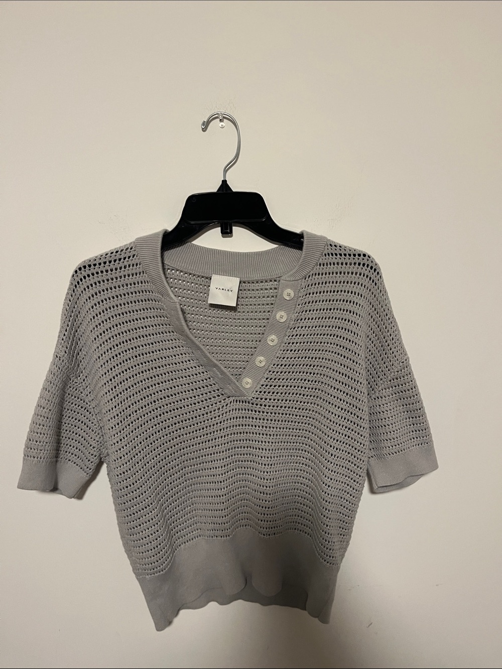 Varley Grey Open-Knit V-Neck Short-Sleeve Sweater
